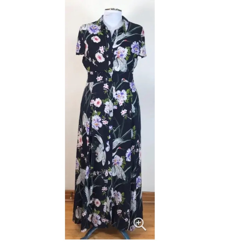 ZARA Navy Crane Print Button-down Maxi Dress Sz S New Floral Print - Picture 5 of 6